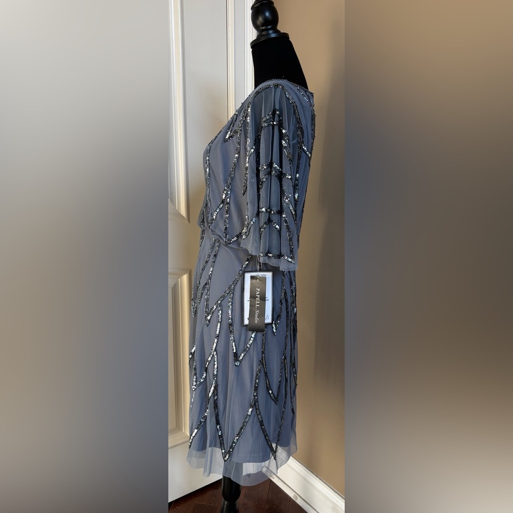 Embellish Bead Mesh Wrap Dress Adrianna Papell Dusty Blue Women’s Size 10 NWT - Picture 7 of 16